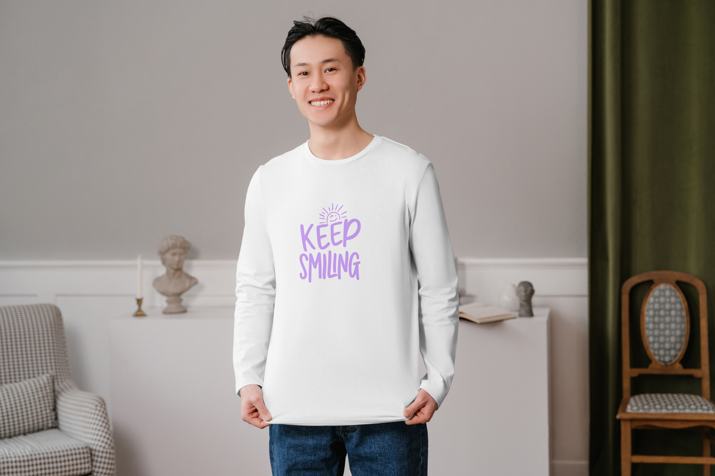 GRAPHIC PRINTED FULL SLEVEES TSHIRT FOR MEN - KEEP SMILING