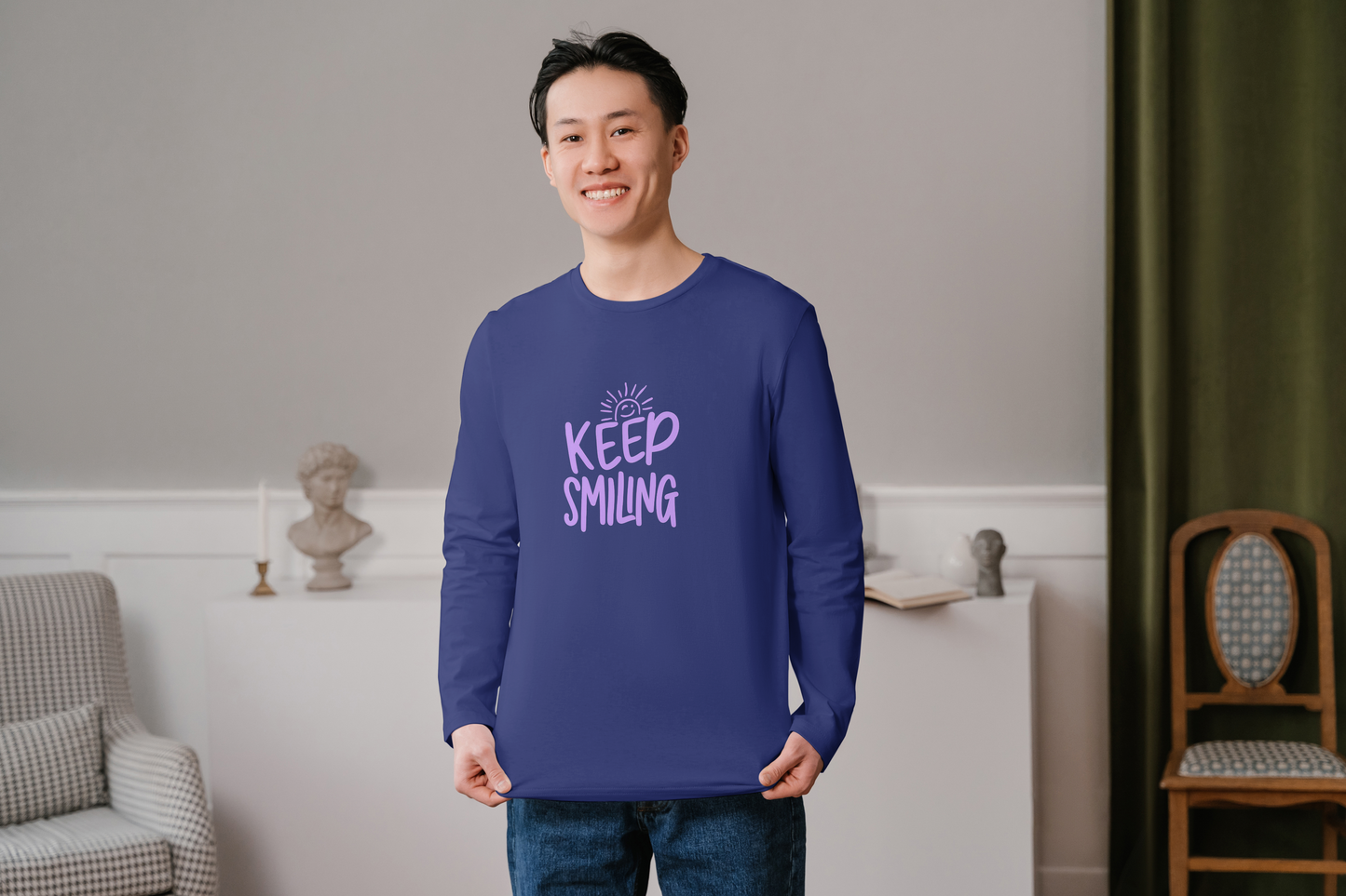 GRAPHIC PRINTED FULL SLEVEES TSHIRT FOR MEN - KEEP SMILING