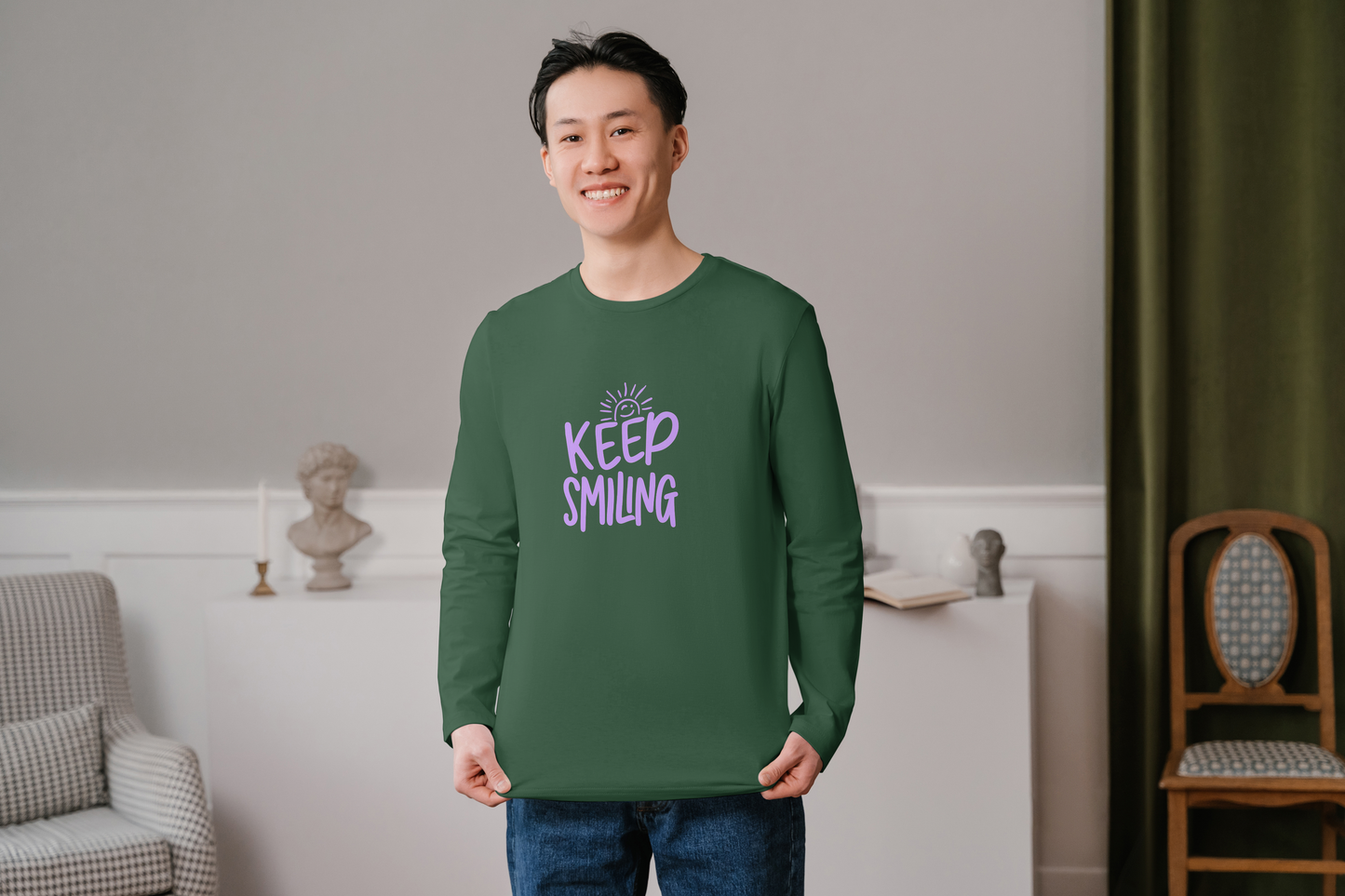 GRAPHIC PRINTED FULL SLEVEES TSHIRT FOR MEN - KEEP SMILING
