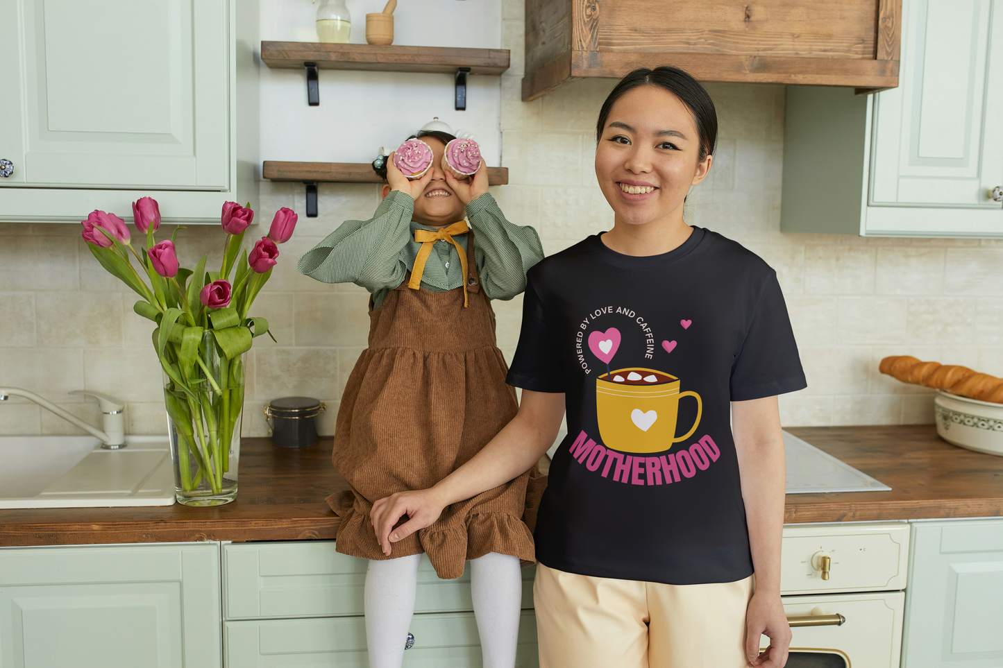 GRAPHIC PRINTED CLASSIC CREW TSHIRT - POWERED BY LOVE AND CAFFEINE - MOTHERHOOD