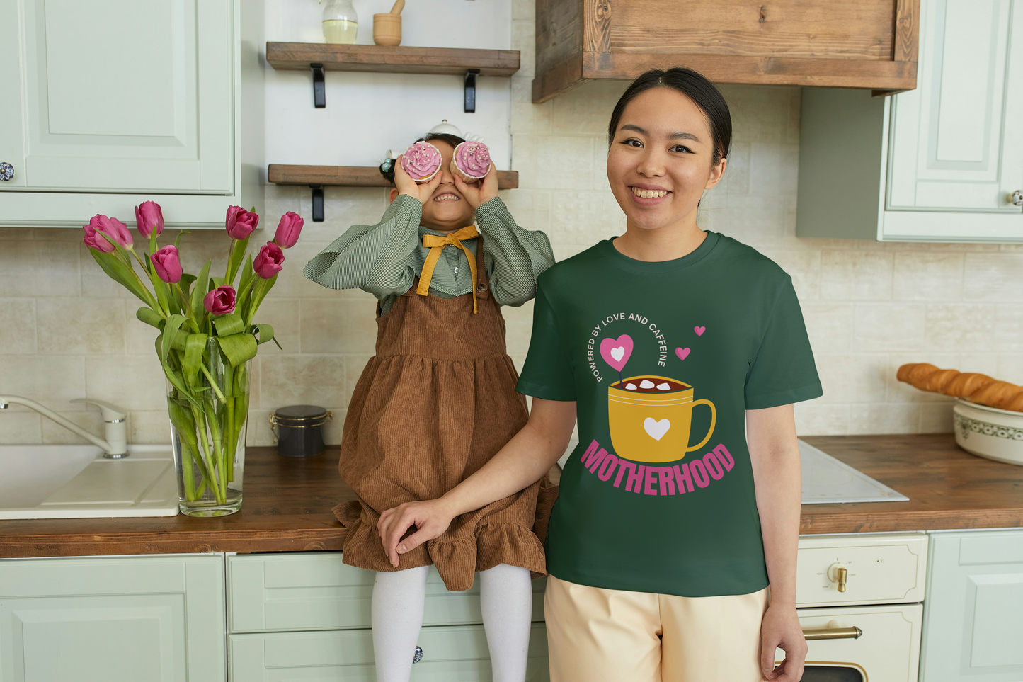 GRAPHIC PRINTED CLASSIC CREW TSHIRT - POWERED BY LOVE AND CAFFEINE - MOTHERHOOD