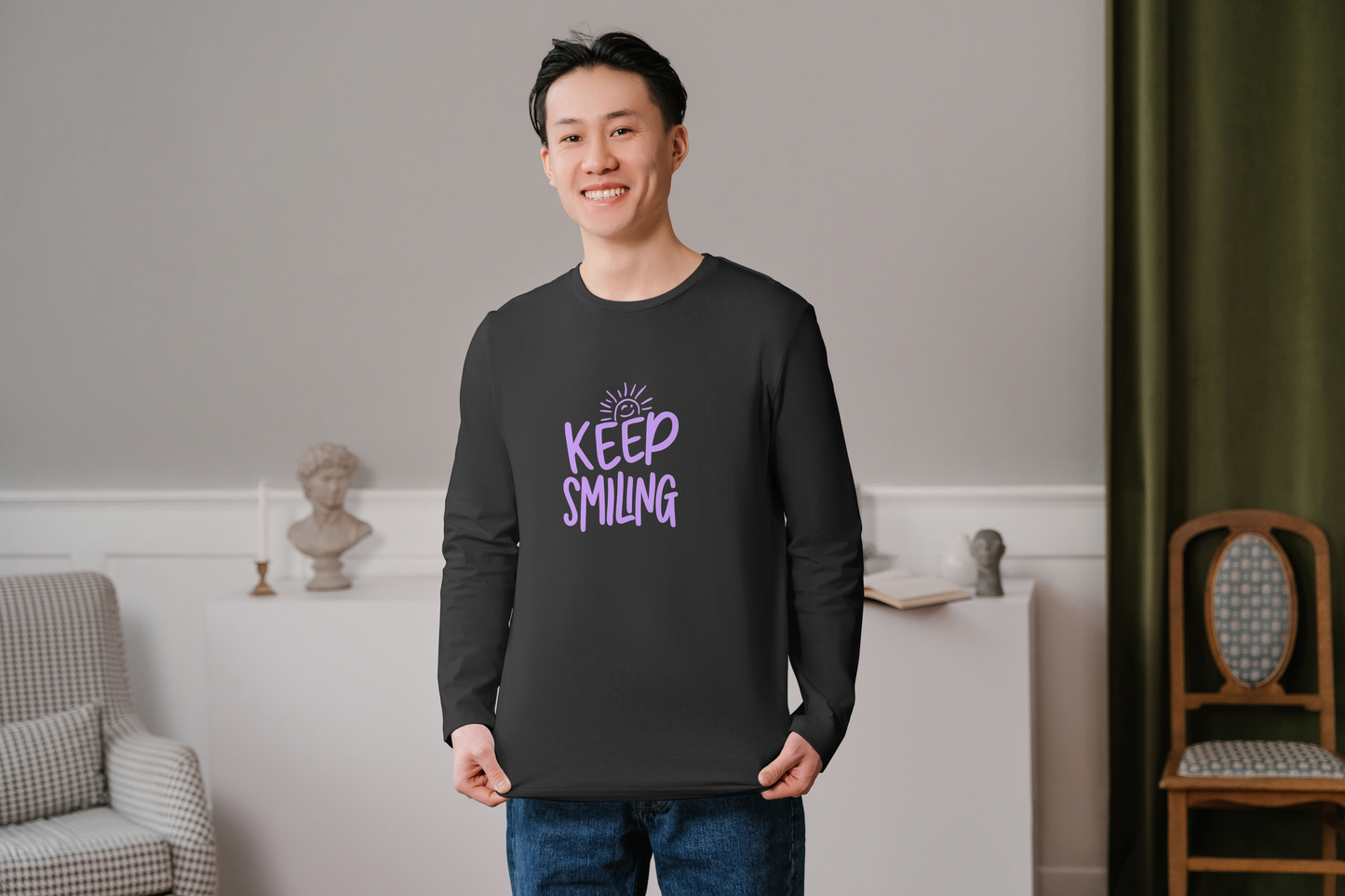 GRAPHIC PRINTED FULL SLEVEES TSHIRT FOR MEN  - KEEP SMILING