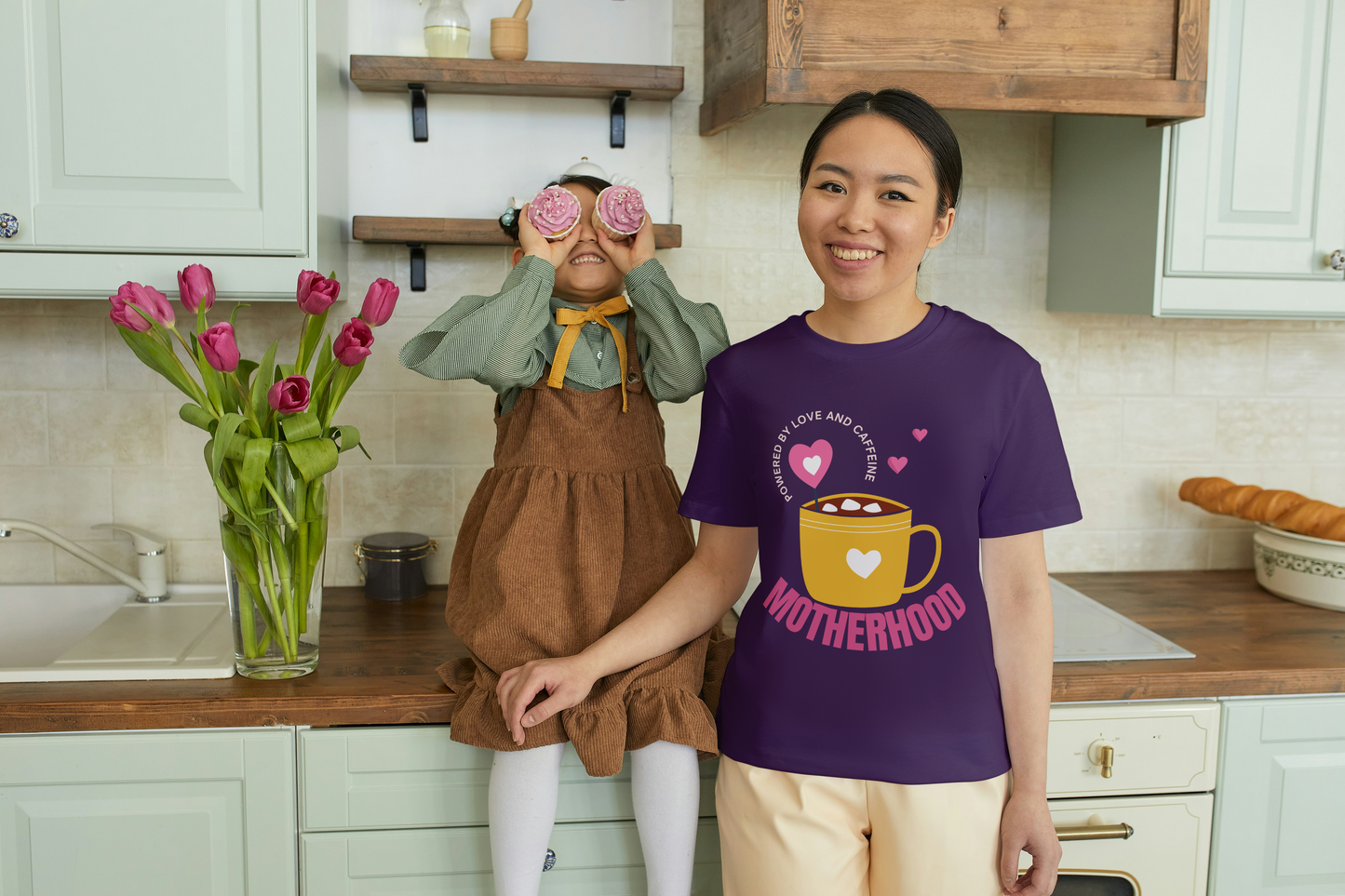 GRAPHIC PRINTED CLASSIC CREW TSHIRT - POWERED BY LOVE AND CAFFEINE - MOTHERHOOD