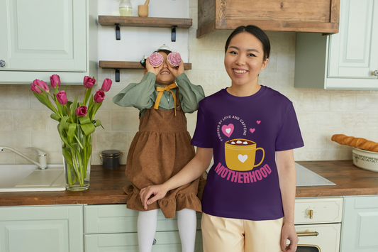 GRAPHIC PRINTED CLASSIC CREW TSHIRT - POWERED BY LOVE AND CAFFEINE - MOTHERHOOD