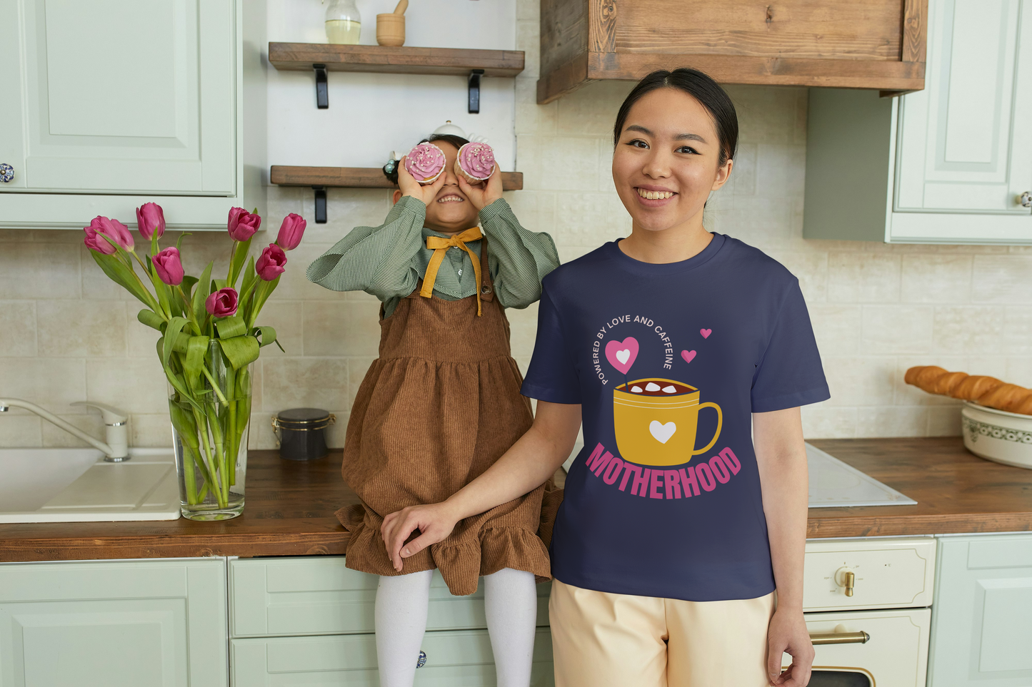 GRAPHIC PRINTED CLASSIC CREW TSHIRT - POWERED BY LOVE AND CAFFEINE - MOTHERHOOD